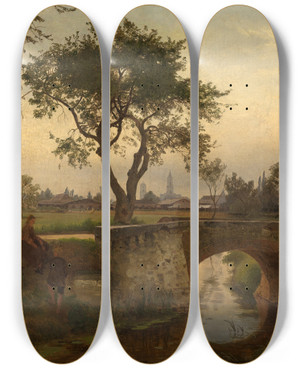 Triptych art skateboard deck of Gustav Osterroht Blick Auf Karlsruhe Von Sden by Gustav Osterroht (1836-1874)