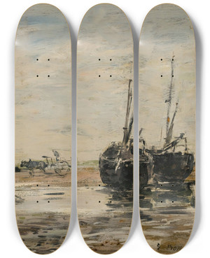 Triptych art skateboard deck of Eugne Boudin Rivage De Berk Mare Basse by Eugene Boudin (1824-1898)