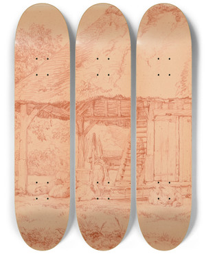 Triptych art skateboard deck of Jacquesraymond Brascassat Intrieur De Ferme by Jacques Raymond Brascassat (1804-1867)