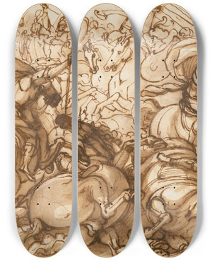 Triptych art skateboard deck of Antonio Tempesta A Battle Scene by Antonio Tempesta (1555-1630)