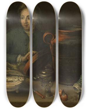 Triptych art skateboard deck of Andreas Held Man In The Kitchen by Andreas Held