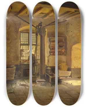 Triptych art skateboard deck of Adolph Tidemand Kitchen Interior by Adolph Tidemand (1814-1876)