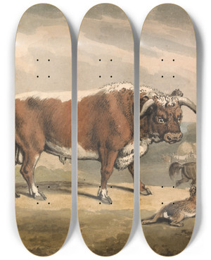 Triptych art skateboard deck of Samuel Howitt A Bull And A Rabbit by Samuel Howitt (1756-1822)