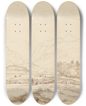 Triptych art skateboard deck of Thomas Hastings River Laune From The High Road From Killarney Aghadoe 6 September 1841 by Thomas Hastings (1778-1854)