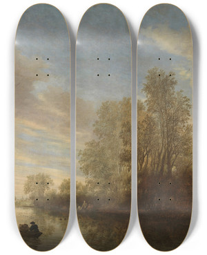 Triptych art skateboard deck of Salomon Van Ruysdael River View Near Deventer by Salomon Van Ruysdael (1602-1670)
