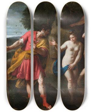 Triptych art skateboard deck of Alessandro Turchi Diana And Actaeon by Alessandro Turchi (1578-1649)