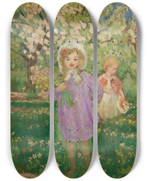 Triptych art skateboard deck of Henri Lebasque Enfants Dans Un Verger Fleuri by Henri Lebasque (1865-1937)