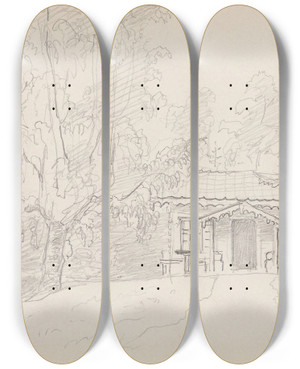 Triptych art skateboard deck of Adolph Tidemand Et Hus I Skogen by Adolph Tidemand (1814-1876)