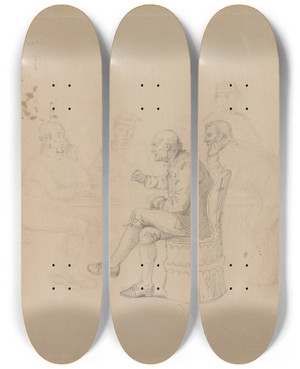 Triptych art skateboard deck of Adolph Tidemand Menn I Samtale Rundt Bord by Adolph Tidemand (1814-1876)