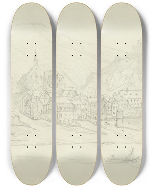 Triptych art skateboard deck of Leopold Bode Beilstein At The Mosel by Leopold Bode (1831-1906)