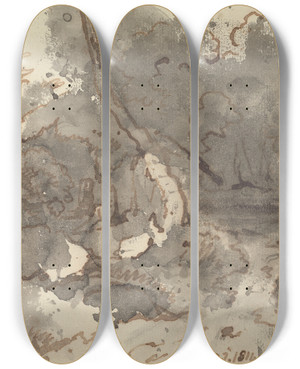 Triptych art skateboard deck of George Chinnery Thatched Building In A Wood by George Chinnery (1774-1852)