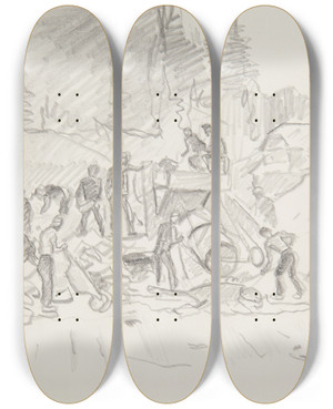 Triptych art skateboard deck of Ivan Ivanec Robotnicy Przy Pracy W Kamienioomie by Ivan Ivanec (1893-1946)