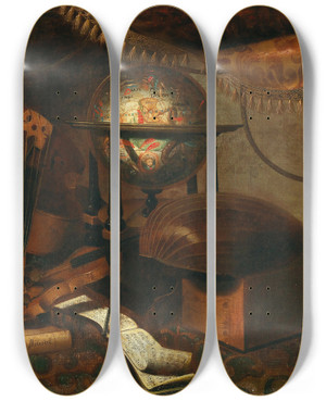 Triptych art skateboard deck of School Of Bergamo Musical Instruments A Globe Book And Music Sheets On A Table by School of Bergamo