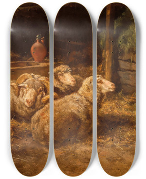 Triptych art skateboard deck of Anton Schrdl Schafe Im Stall by Anton Schrodl (1820-1906)