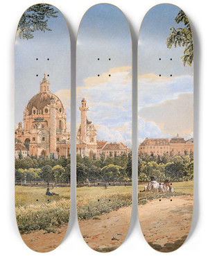 Triptych art skateboard deck of Rudolf Von Alt Blick Auf Die Karlskirche Und Das Polytechnische Institut by Rudolf Von Alt (1812-1905)