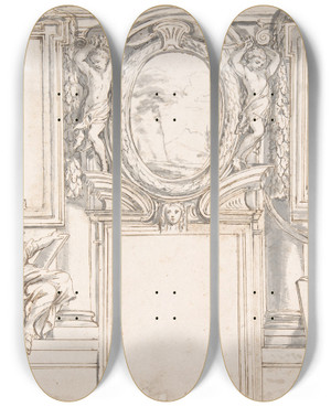Triptych art skateboard deck of Luigi Garzi Design Wall Elevation With Stucco And Painted Decorations_2 by Luigi Garzi (1638-1721)