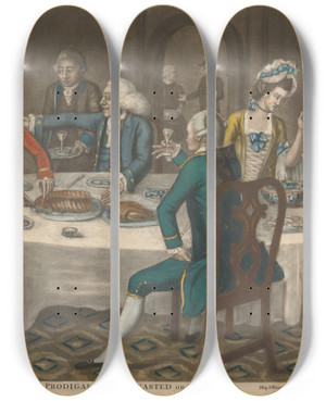 Triptych art skateboard deck of John Raphael Smith The Prodigal Son Feasted On His Return by John Raphael Smith (1752-1812)