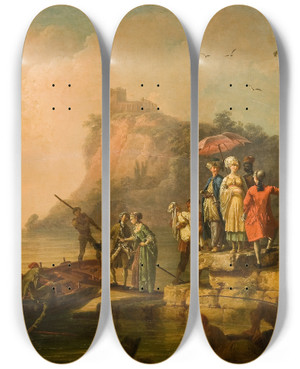 Triptych art skateboard deck of Pierrejacques Volaire Company Embarking On A Launch by Pierre-Jacques Volaire (1729-1802)
