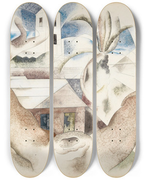 Triptych art skateboard deck of Charles Demuth Bermuda No 1 Tree And House by Charles Demuth (1883-1935)