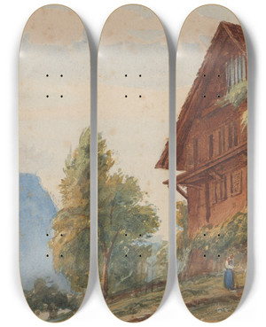Triptych art skateboard deck of Charles Reginald Aston Chalet With Figures by Charles Reginald Aston (1832-1908)