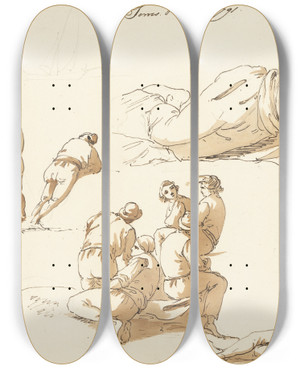 Triptych art skateboard deck of John Thomas Serres Neapolitan Fishermen by John Thomas Serres (1759-1825)