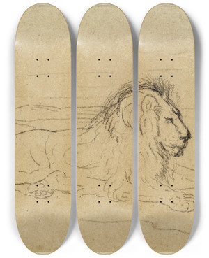 Triptych art skateboard deck of Antoinelouis Barye Lion Couch by Antoine-Louis Barye (1796-1875)