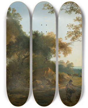 Triptych art skateboard deck of Adam Pynacker An Italianate Landscape With A Traveller On A Path By A Waterfall by Adam Pynacker (1615-1673)