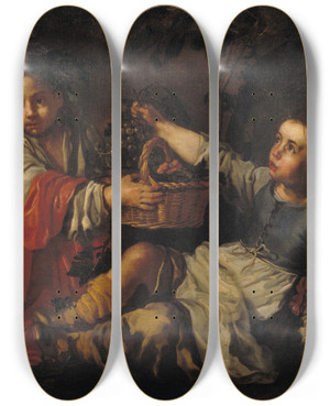 Triptych art skateboard deck of Bernhard Keil Children With Grapes by Bernhard Keil (1624-1687)