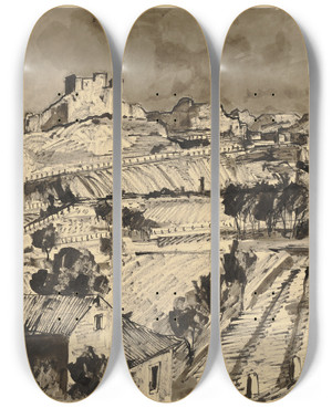 Triptych art skateboard deck of Hermann Lismann Les Bauxdeprovence_1 by Hermann Lismann (1878-1943)