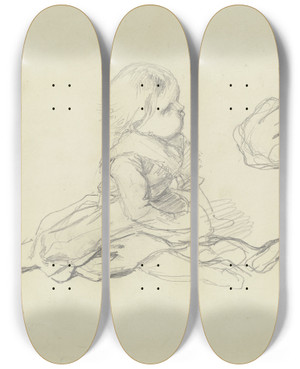 Triptych art skateboard deck of Jakob Becker Studienblatt Sitzendes Kleinkind by Jakob Becker (1810-1872)