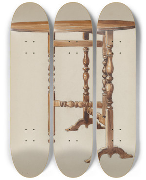 Triptych art skateboard deck of Rex Dolmith Three Legged Gateleg Table by Rex Dolmith