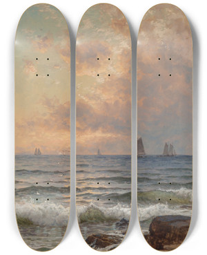 Triptych art skateboard deck of Alfred Thompson Bricher Sails At Sunset by Alfred Thompson Bricher (1837-1908)