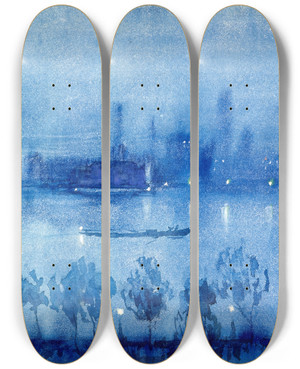 Triptych art skateboard deck of Joseph Pennell Blue Night London by Joseph Pennell (1857-1926)