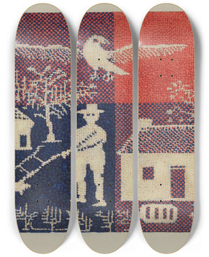 Triptych art skateboard deck of Ruth M Barnes Coverlet Detail_1 by Ruth M Barnes