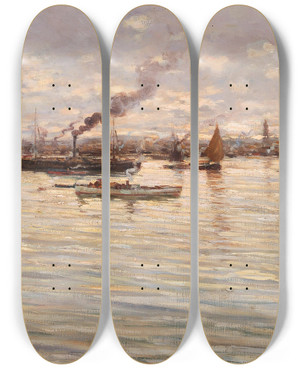 Triptych art skateboard deck of Giuseppe Giardiello Im Golf Von Neapel by Giuseppe Giardiello (1877-1920)