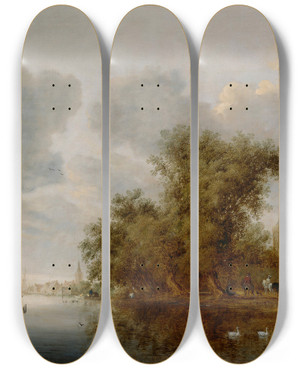 Triptych art skateboard deck of Salomon Van Ruysdael River Landscape by Salomon Van Ruysdael (1602-1670)