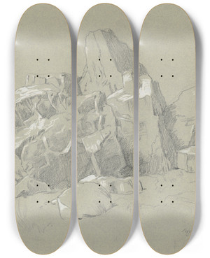 Triptych art skateboard deck of Hans Thoma Brunhildisfelsen by Hans Thoma (1839-1924)