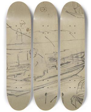 Triptych art skateboard deck of Anton Burger Studienblatt Mit Berdeckten Booten by Anton Burger (1824-1905)
