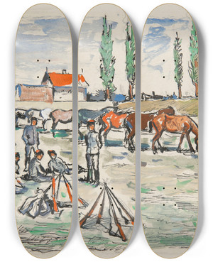 Triptych art skateboard deck of Ivan Ivanec Odpoczynek Kawalerzystw by Ivan Ivanec (1893-1946)
