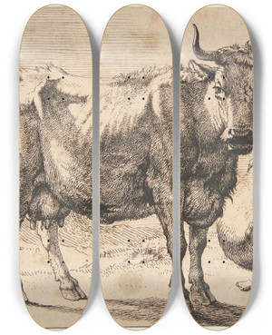 Triptych art skateboard deck of Paulus Potter Stende Og Liggende Ko by Paulus Potter (1625-1654)