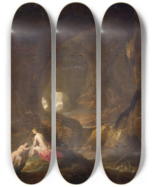 Triptych art skateboard deck of Cornelis Van Poelenburch Bathing Nymphs In A Landscape by Cornelis Van Poelenburch (1594-1667)