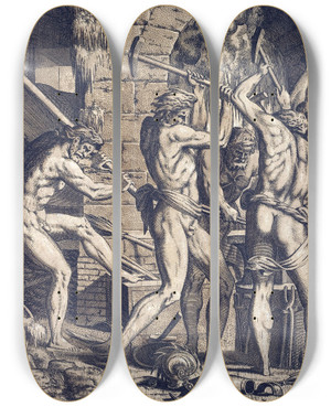 Triptych art skateboard deck of Lon Davent Venus At Vulcans Forge by Leon Davent (1540-1556)