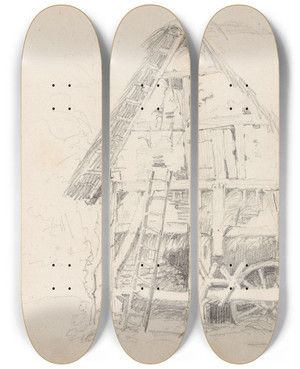 Triptych art skateboard deck of Adolph Tidemand Falleferdig Uthus by Adolph Tidemand (1814-1876)