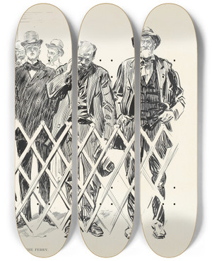 Triptych art skateboard deck of Charles Dana Gibson On The Ferry_1 by Charles Dana Gibson (1867-1944)