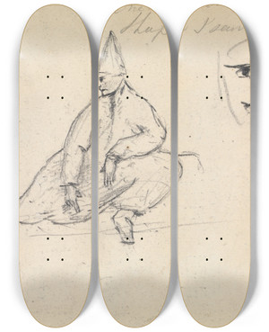 Triptych art skateboard deck of Benjamin Robert Haydon Study Of A Seated Man Wearing A Pointed Hat by Benjamin Robert Haydon (1786-1846)