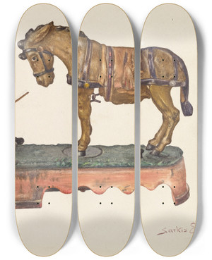 Triptych art skateboard deck of Sarkis Erganian Cast Iron Mule Bank by Sarkis Erganian