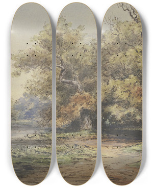 Triptych art skateboard deck of Hermann Baisch Seeufer Mit Hohen Bumen by Hermann Baisch (1846-1894)