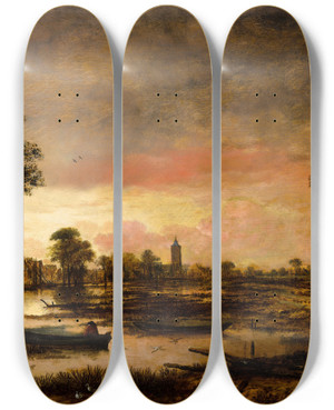 Triptych art skateboard deck of Aert Van Der Neer River Landscape by Aert van der Neer (1603-1677)
