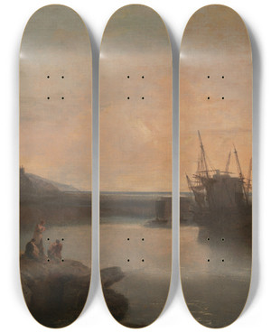Triptych art skateboard deck of Joseph Mallord William Turner Harlech Castle From Tygwyn Ferry Summers Evening Twilight by Joseph Mallord William Turner (1775-1851)
