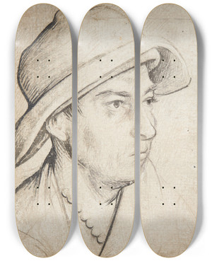 Triptych art skateboard deck of Hans Holbein The Elder Junger Mann Mit Breitrandigem Hut Und Halskette by Hans Holbein The Elder (1460-1524)